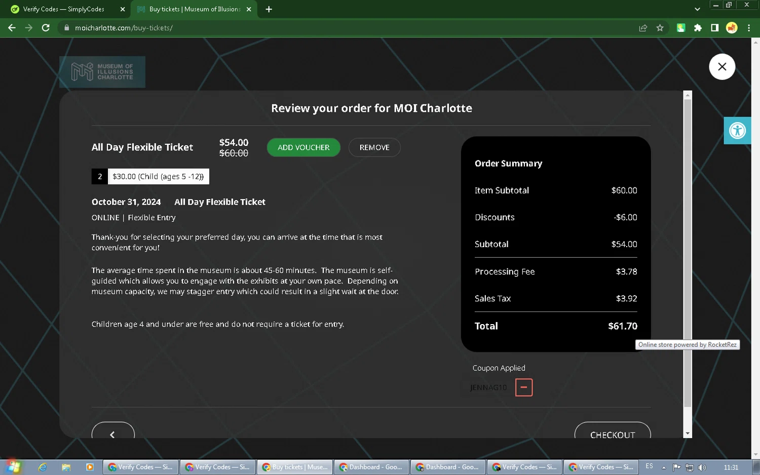 Museum of Illusions Charlotte checkout page showing Museum of Illusions Charlotte promo code box | Screenshot taken by SimplyCodes community member on Oct 27, 2024