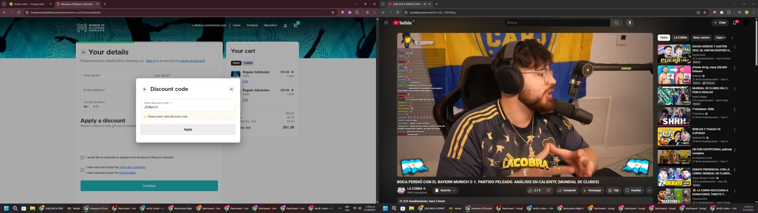 Museum of Illusions Charlotte promo code screenshot showing code JENNA10 applied at Museum of Illusions Charlotte checkout page. Uploaded by SimplyCodes community member GloriousPioneer2942 on Jun 21, 2025