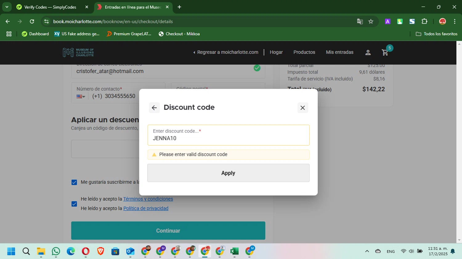 Museum of Illusions Charlotte promo code screenshot showing code JENNA10 applied at Museum of Illusions Charlotte checkout page. Uploaded by SimplyCodes community member Mari_perez on Feb 17, 2025