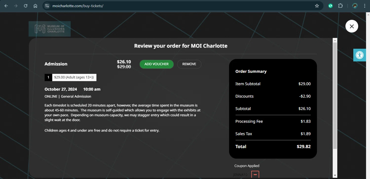 Museum of Illusions Charlotte checkout page showing Museum of Illusions Charlotte promo code box | Screenshot taken by SimplyCodes community member on Oct 27, 2024