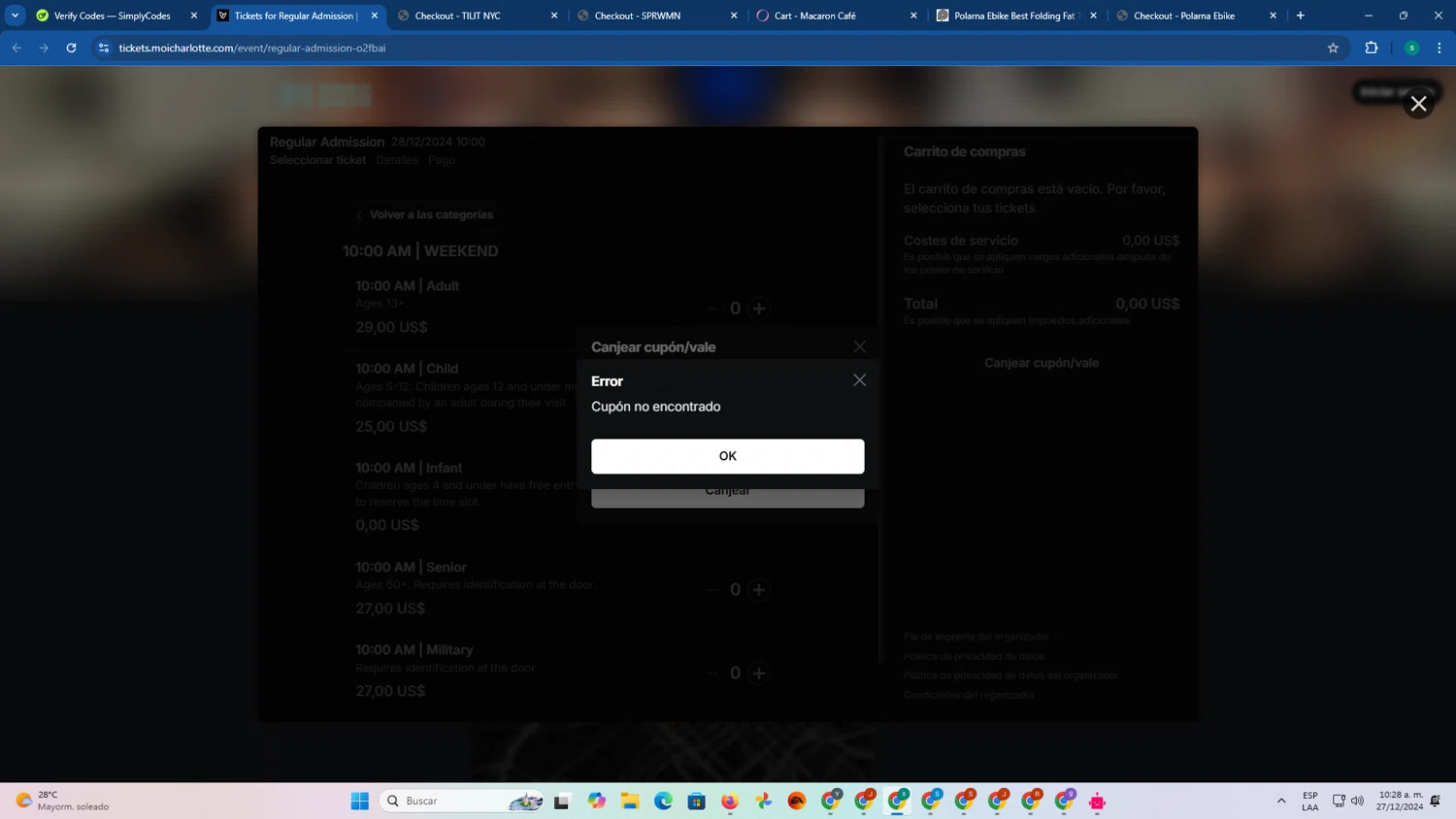 Museum of Illusions Charlotte promo code screenshot showing code JESSICA10 applied at Museum of Illusions Charlotte checkout page. Uploaded by SimplyCodes community member FrugalExpert8809 on Dec 27, 2024