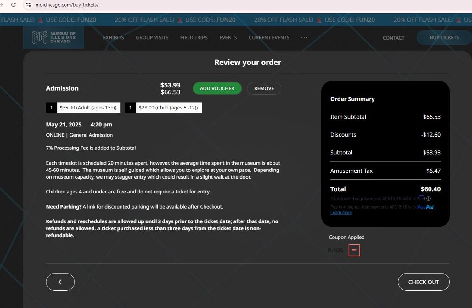 Museum of Illusions Chicago promo code screenshot showing code FUN20 applied at Museum of Illusions Chicago checkout page. Uploaded by SimplyCodes community member stygian1 on May 21, 2025