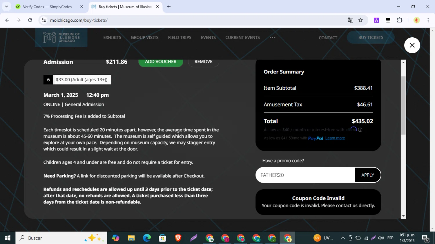 Museum of Illusions Chicago promo code screenshot showing code FATHER20 applied at Museum of Illusions Chicago checkout page. Uploaded by SimplyCodes community member SmartMonarch9718 on Mar 1, 2025