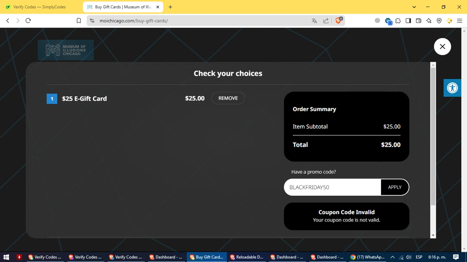 Museum of Illusions Chicago promo code screenshot showing code BLACKFRIDAY50 applied at Museum of Illusions Chicago checkout page. Uploaded by SimplyCodes community member ValiantElite8187 on Mar 27, 2025