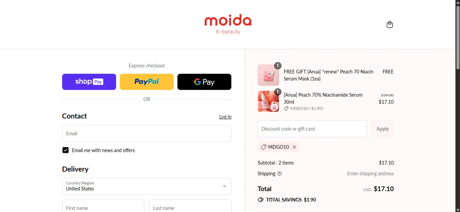 MOIDA discount code screenshot showing code MDGO10 applied at MOIDA checkout page. Uploaded by SimplyCodes community member ______________ on Aug 17, 2025