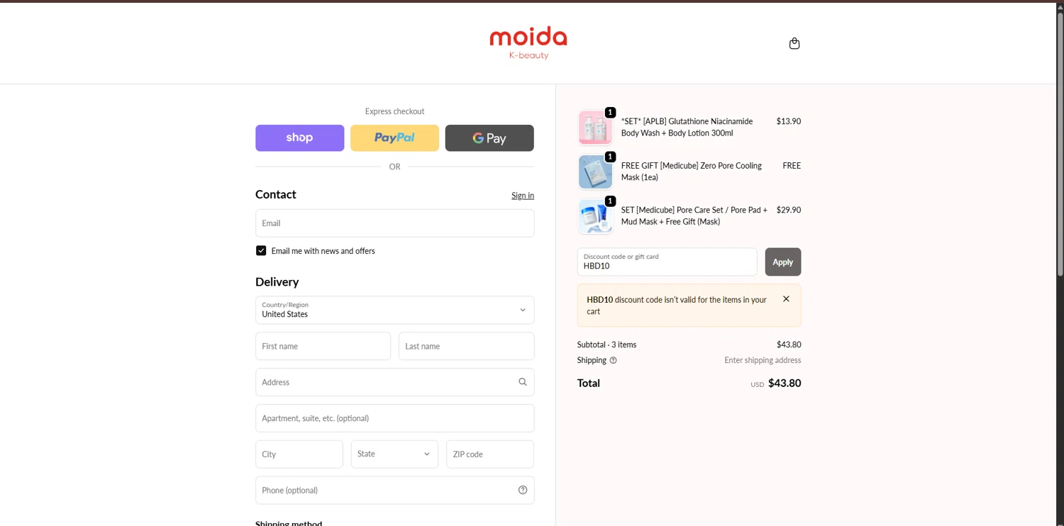 MOIDA discount code screenshot showing code HBD10 applied at MOIDA checkout page. Uploaded by SimplyCodes community member ValueGenius9720 on Oct 19, 2025