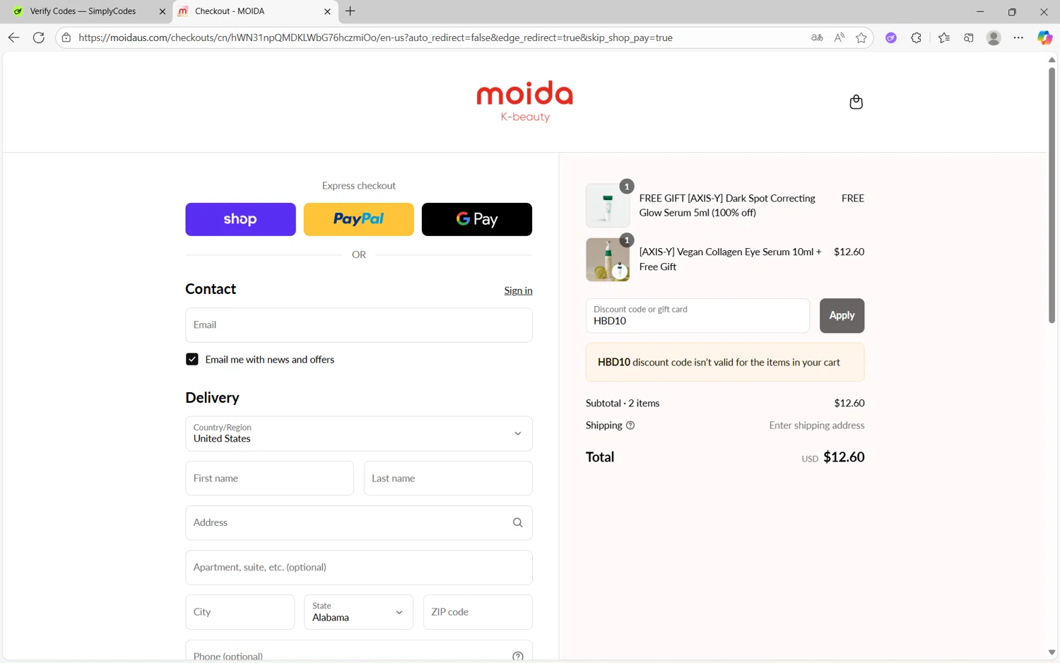MOIDA discount code screenshot showing code HBD10 applied at MOIDA checkout page. Uploaded by SimplyCodes community member frijolito on Sep 16, 2025