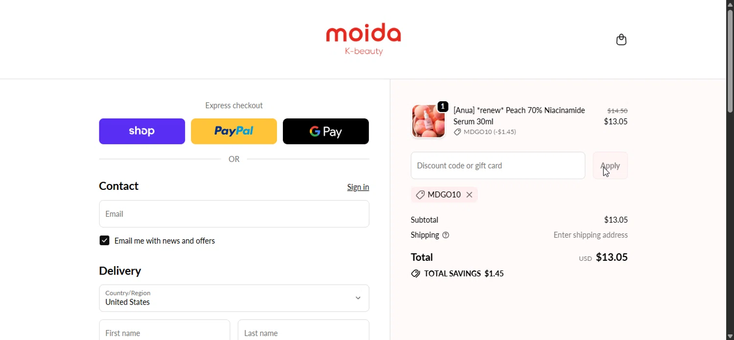 MOIDA discount code screenshot showing code MDGO10 applied at MOIDA checkout page. Uploaded by SimplyCodes community member LuckyPioneer1027 on Oct 19, 2025