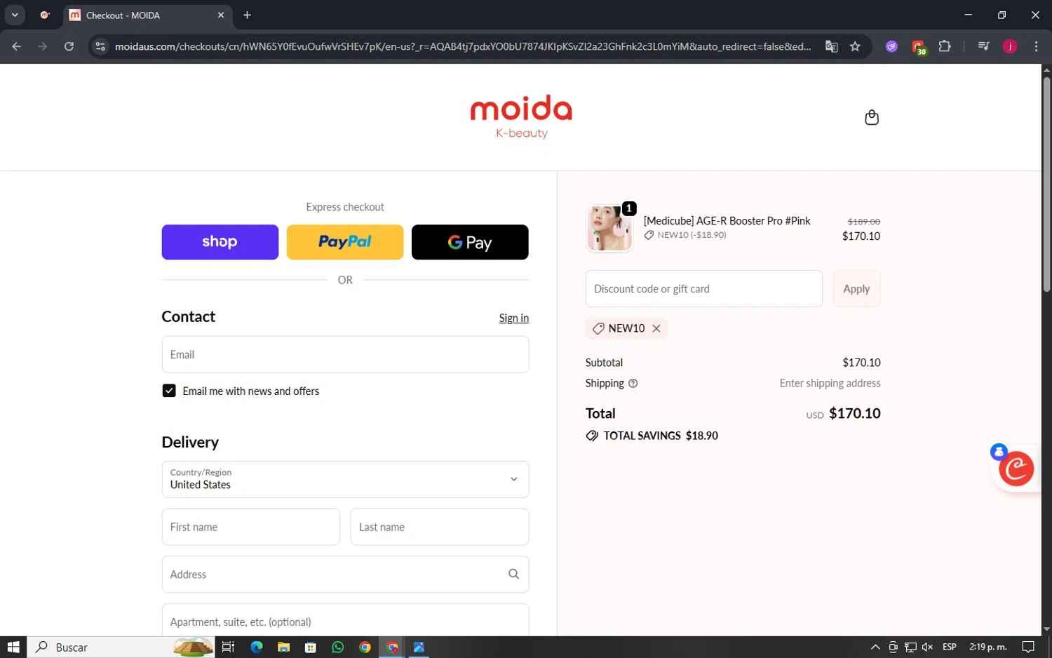 MOIDA discount code screenshot showing code NEW10 applied at MOIDA checkout page. Uploaded by SimplyCodes community member TokenSage3501 on Dec 5, 2025