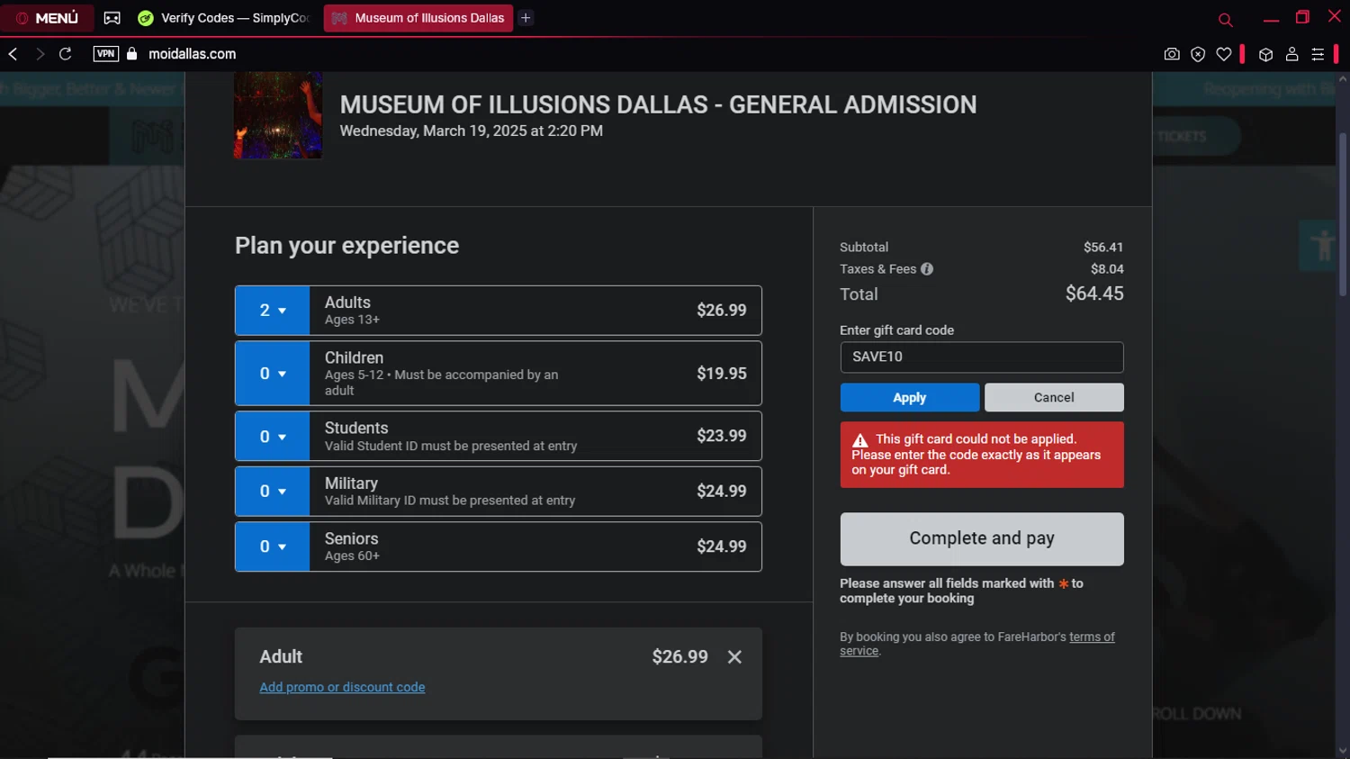 Dallas Museum of Illusions promo code screenshot showing code SAVE10 applied at Dallas Museum of Illusions checkout page. Uploaded by SimplyCodes community member ExtraordinaryPioneer5969 on Mar 16, 2025