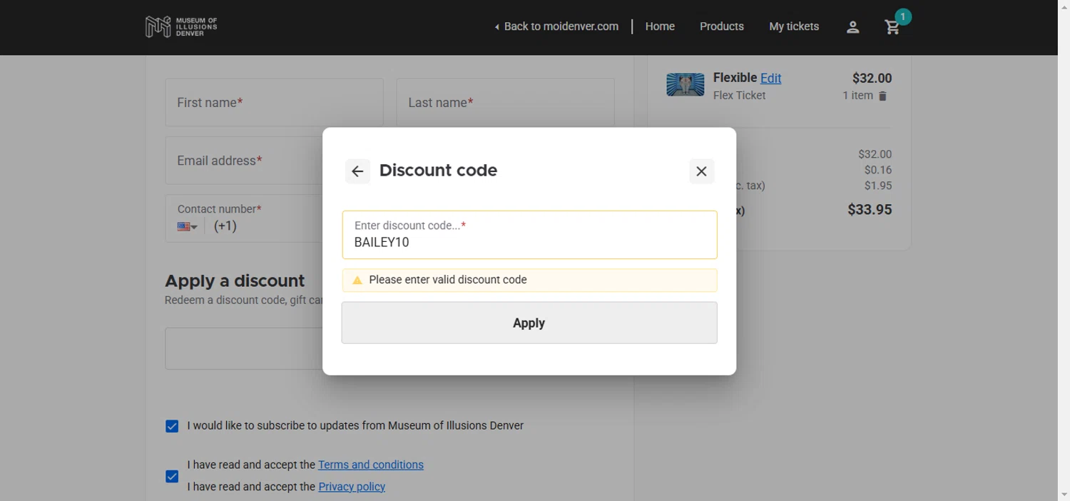 Museum of Illusions Denver promo code screenshot showing code BAILEY10 applied at Museum of Illusions Denver checkout page. Uploaded by SimplyCodes community member SavvyLynx6076 on Mar 19, 2025