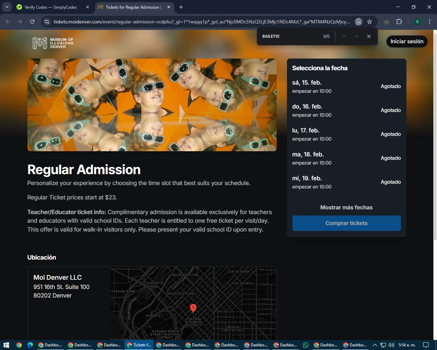 Museum of Illusions Denver promo code screenshot showing code BAILEY10 applied at Museum of Illusions Denver checkout page. Uploaded by SimplyCodes community member lilMosey on Feb 15, 2025