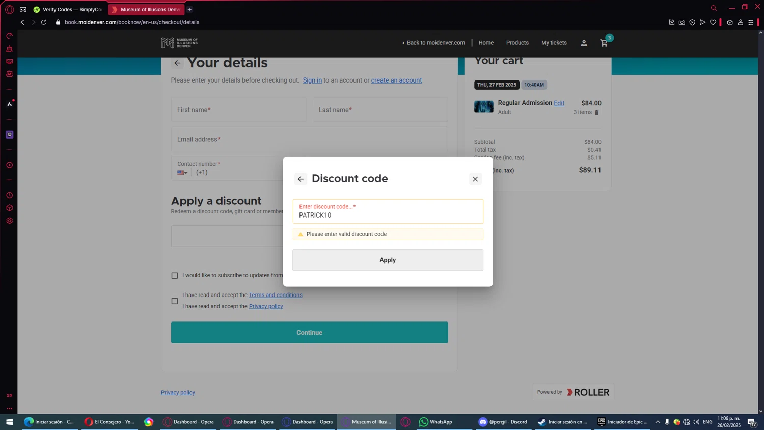 Museum of Illusions Denver promo code screenshot showing code PATRICK10 applied at Museum of Illusions Denver checkout page. Uploaded by SimplyCodes community member Chris_bumstead on Feb 27, 2025