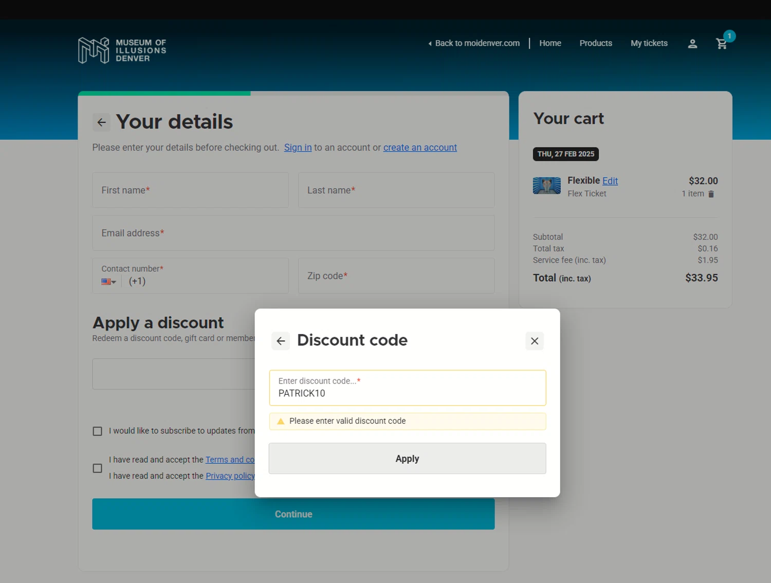 Museum of Illusions Denver promo code screenshot showing code PATRICK10 applied at Museum of Illusions Denver checkout page. Uploaded by SimplyCodes community member SooloNoos on Feb 27, 2025