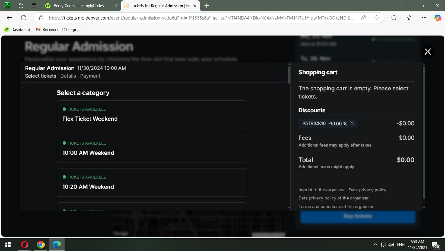 Museum of Illusions Denver checkout page showing Museum of Illusions Denver promo code box | Screenshot taken by SimplyCodes community member on Nov 25, 2024