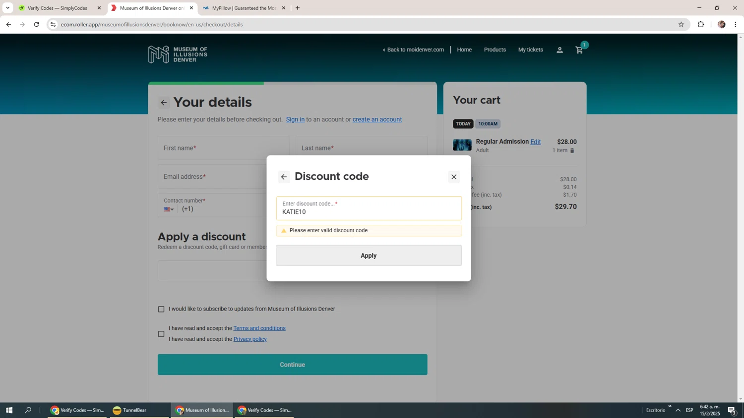 Museum of Illusions Denver promo code screenshot showing code KATIE10 applied at Museum of Illusions Denver checkout page. Uploaded by SimplyCodes community member Levi_Ackerman on Feb 15, 2025