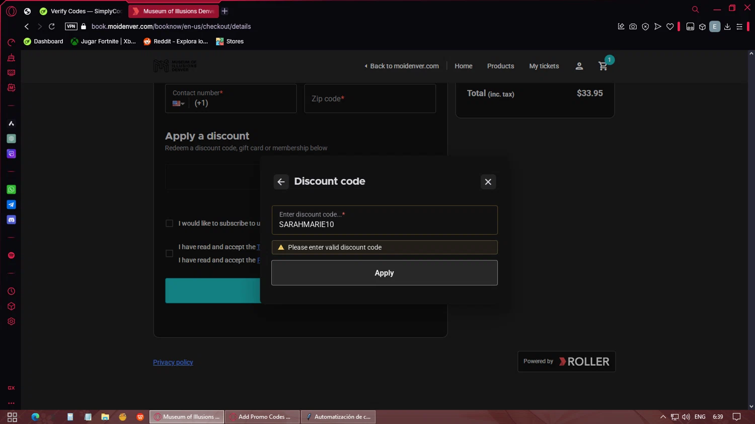 Museum of Illusions Denver promo code screenshot showing code SARAHMARIE10 applied at Museum of Illusions Denver checkout page. Uploaded by SimplyCodes community member Eliott on Feb 20, 2025