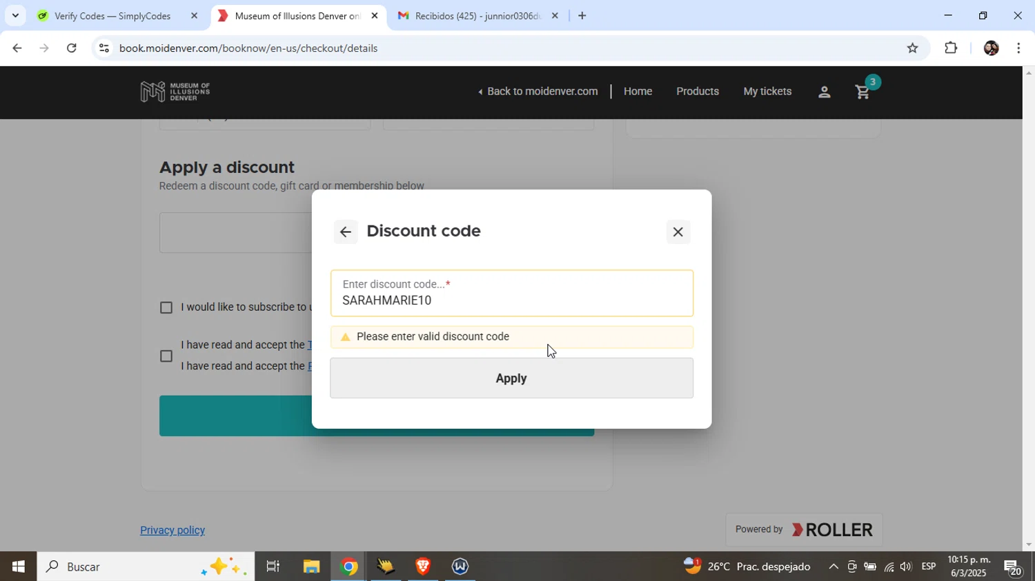 Museum of Illusions Denver promo code screenshot showing code SARAHMARIE10 applied at Museum of Illusions Denver checkout page. Uploaded by SimplyCodes community member Junniorduno on Mar 7, 2025