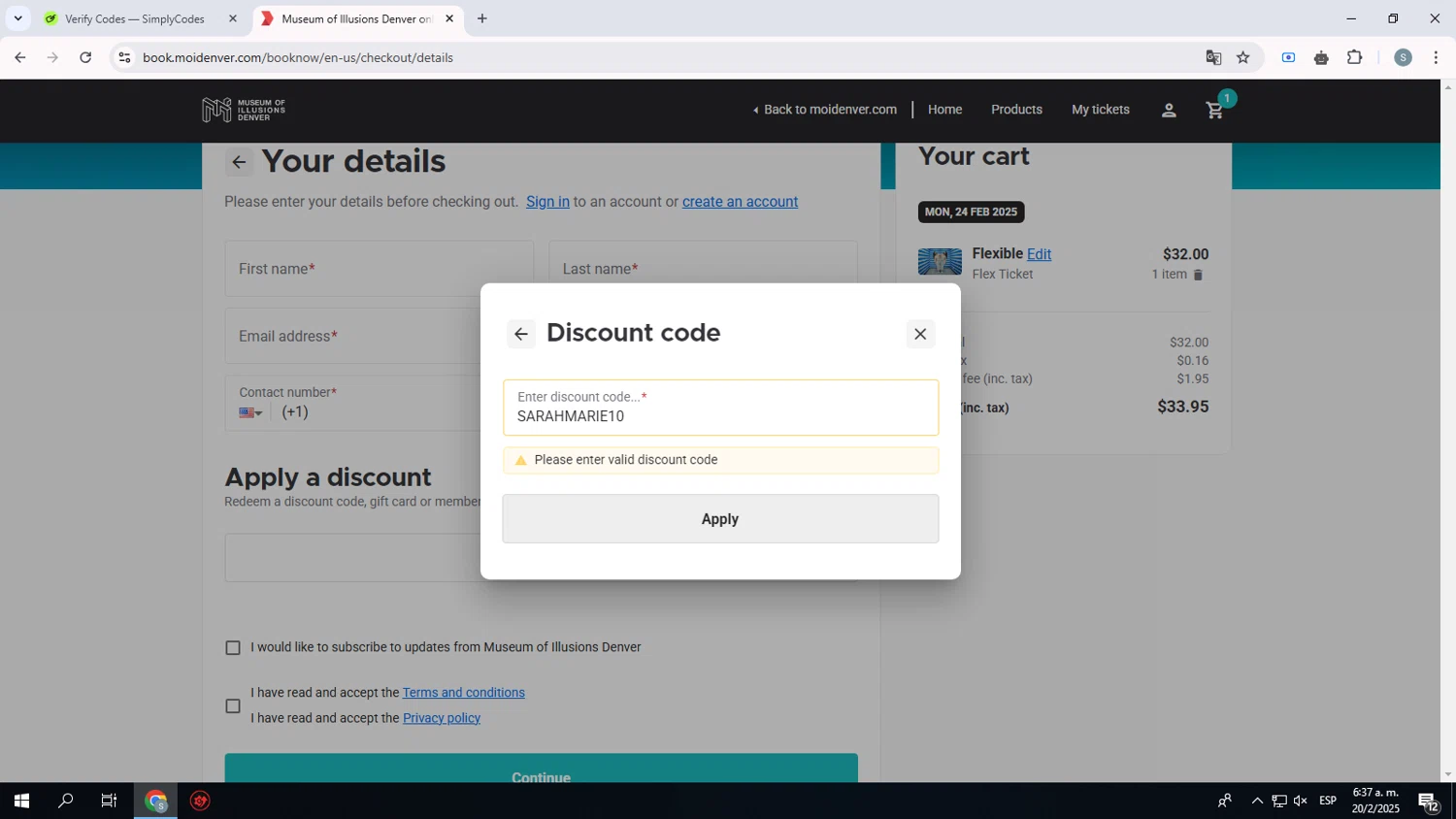 Museum of Illusions Denver promo code screenshot showing code SARAHMARIE10 applied at Museum of Illusions Denver checkout page. Uploaded by SimplyCodes community member SavvyChaser7057 on Feb 20, 2025