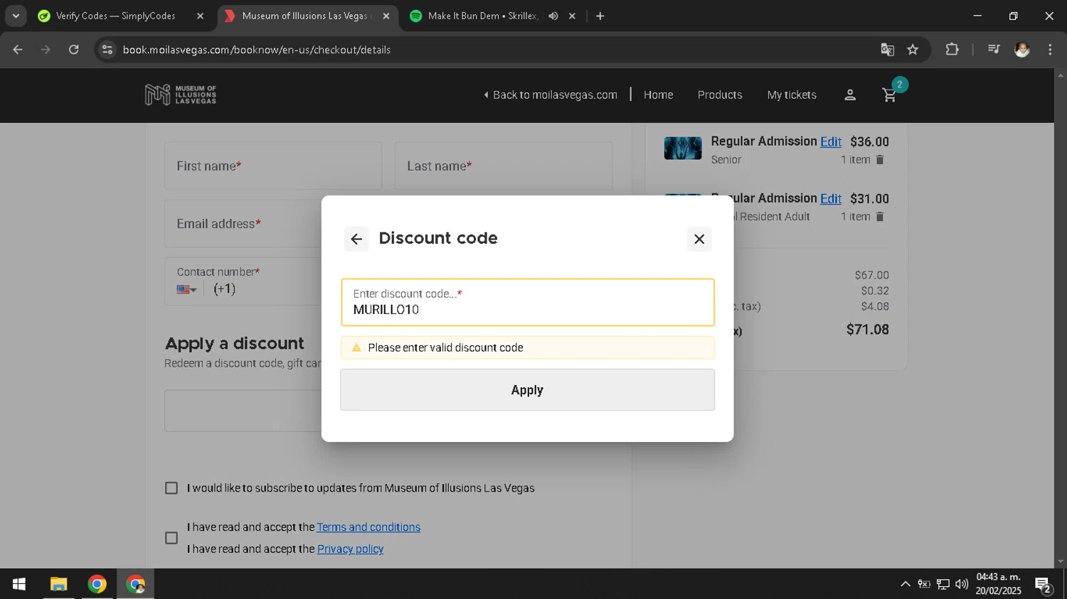 Museum of Illusions Las Vegas promo code screenshot showing code MURILLO10 applied at Museum of Illusions Las Vegas checkout page. Uploaded by SimplyCodes community member SavingsMaven1223 on Feb 20, 2025