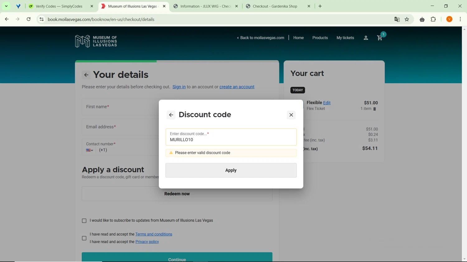 Museum of Illusions Las Vegas promo code screenshot showing code MURILLO10 applied at Museum of Illusions Las Vegas checkout page. Uploaded by SimplyCodes community member RebateSaver5991 on Feb 20, 2025