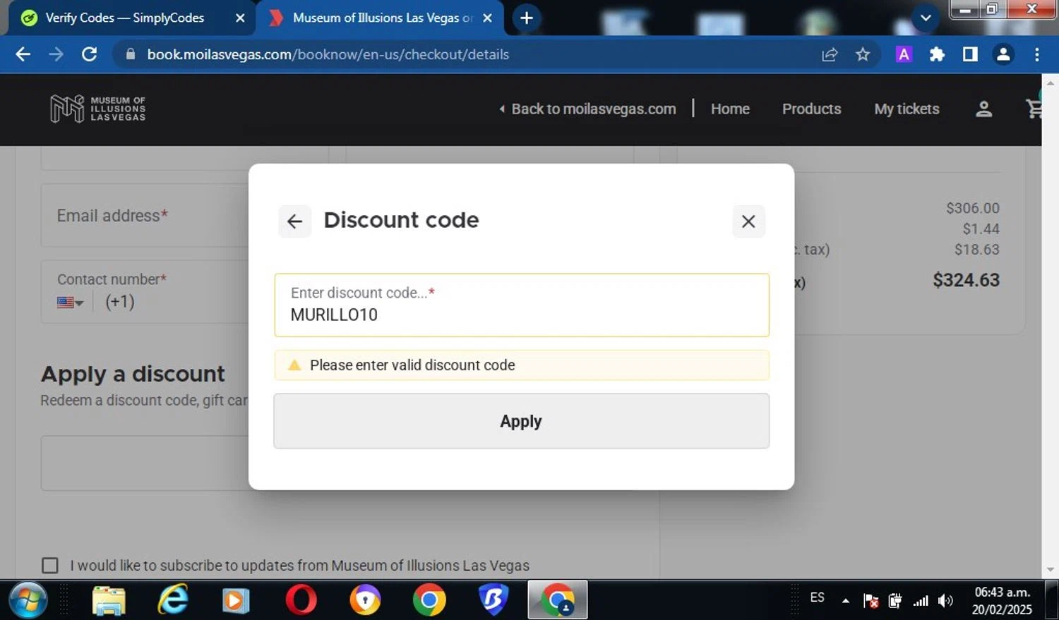 Museum of Illusions Las Vegas promo code screenshot showing code MURILLO10 applied at Museum of Illusions Las Vegas checkout page. Uploaded by SimplyCodes community member miguel02 on Feb 20, 2025