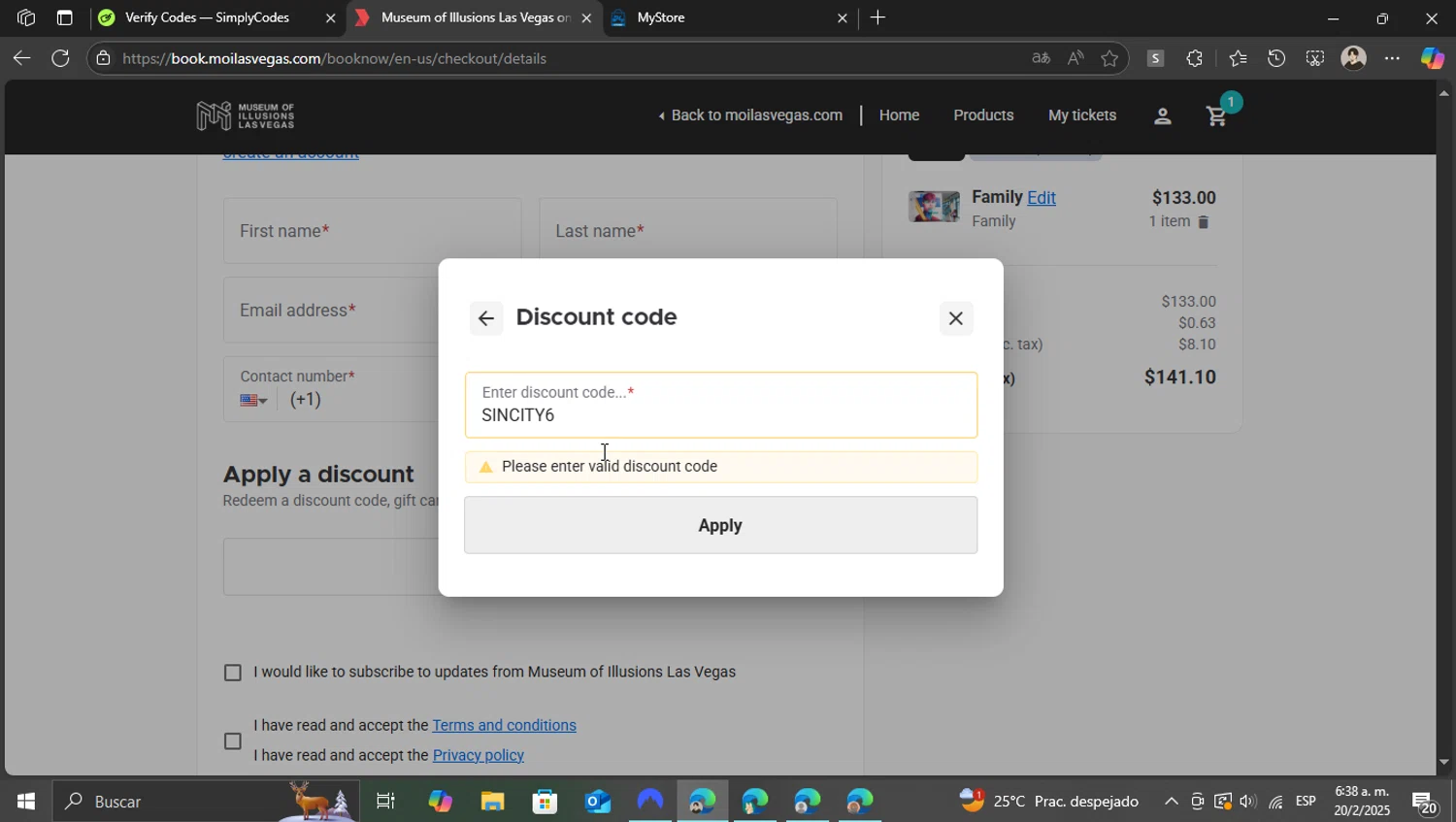 Museum of Illusions Las Vegas promo code screenshot showing code SINCITY6 applied at Museum of Illusions Las Vegas checkout page. Uploaded by SimplyCodes community member WonderKnight7884 on Feb 20, 2025