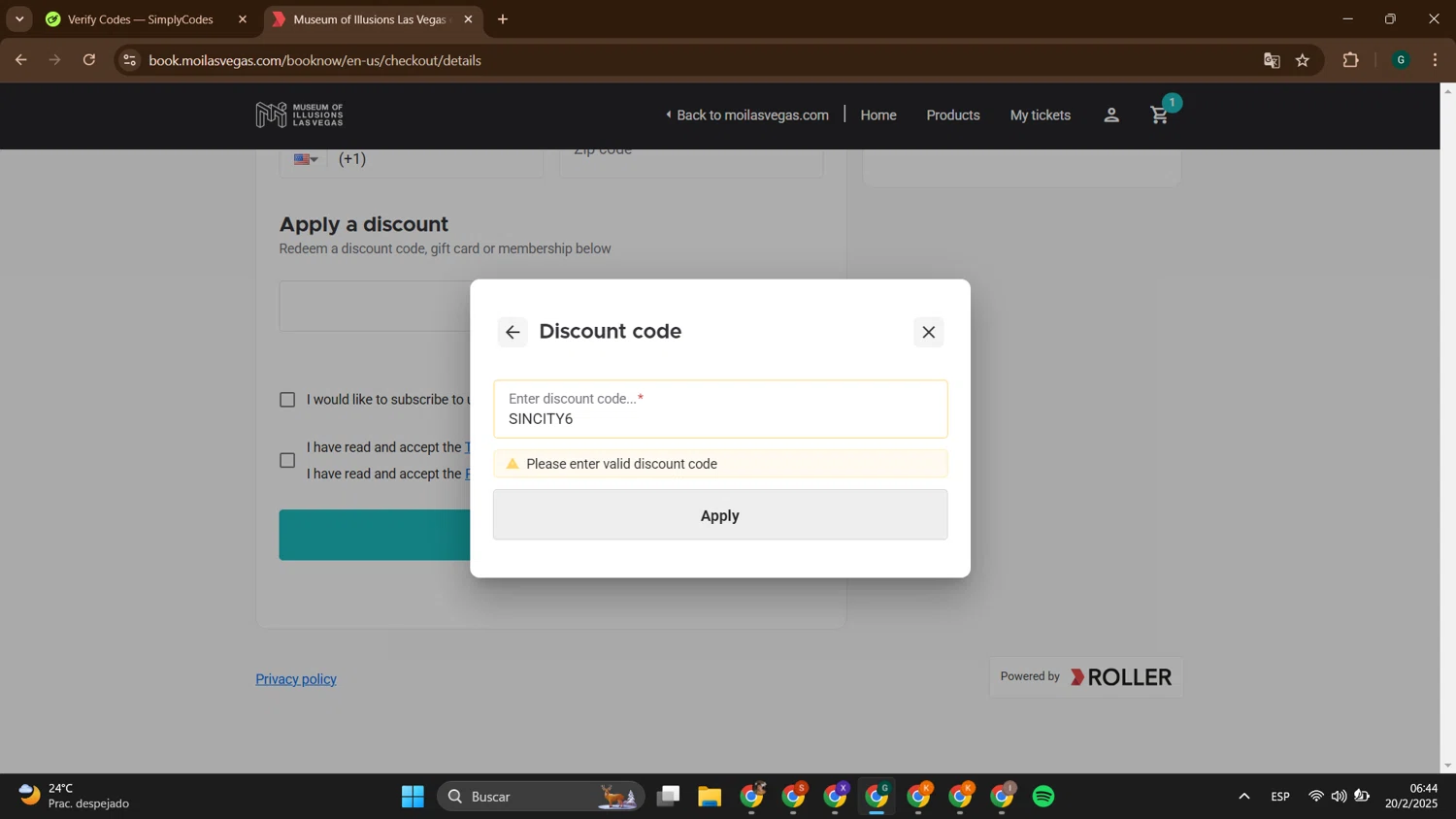Museum of Illusions Las Vegas promo code screenshot showing code SINCITY6 applied at Museum of Illusions Las Vegas checkout page. Uploaded by SimplyCodes community member ThriftyTitan786 on Feb 20, 2025
