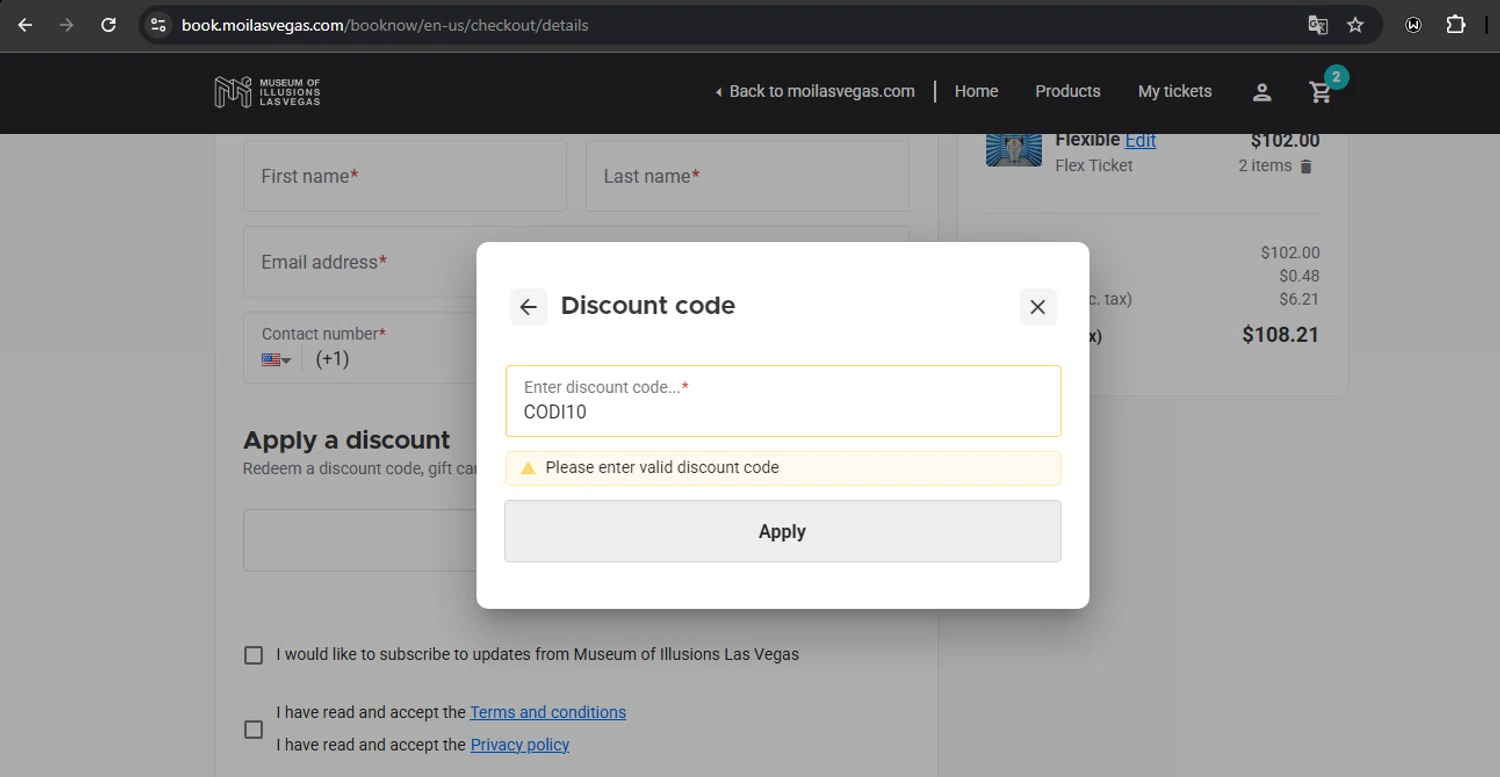Museum of Illusions Las Vegas promo code screenshot showing code CODI10 applied at Museum of Illusions Las Vegas checkout page. Uploaded by SimplyCodes community member RoyalSpotter5217 on Feb 20, 2025