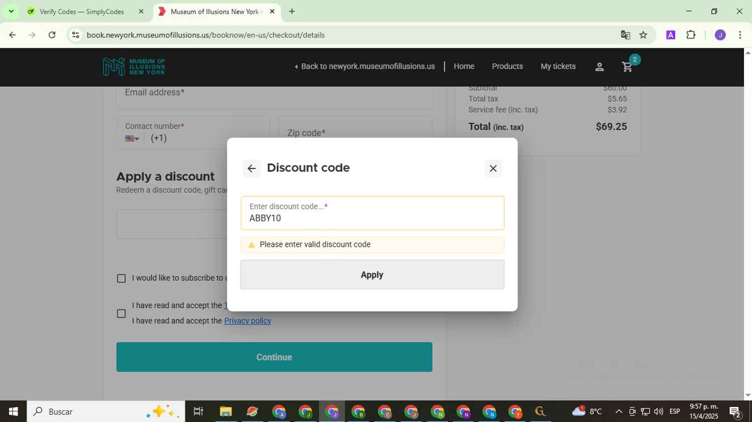 Museum of Illusions New York promo code screenshot showing code ABBY10 applied at Museum of Illusions New York checkout page. Uploaded by SimplyCodes community member PromoHunter9043 on Apr 16, 2025