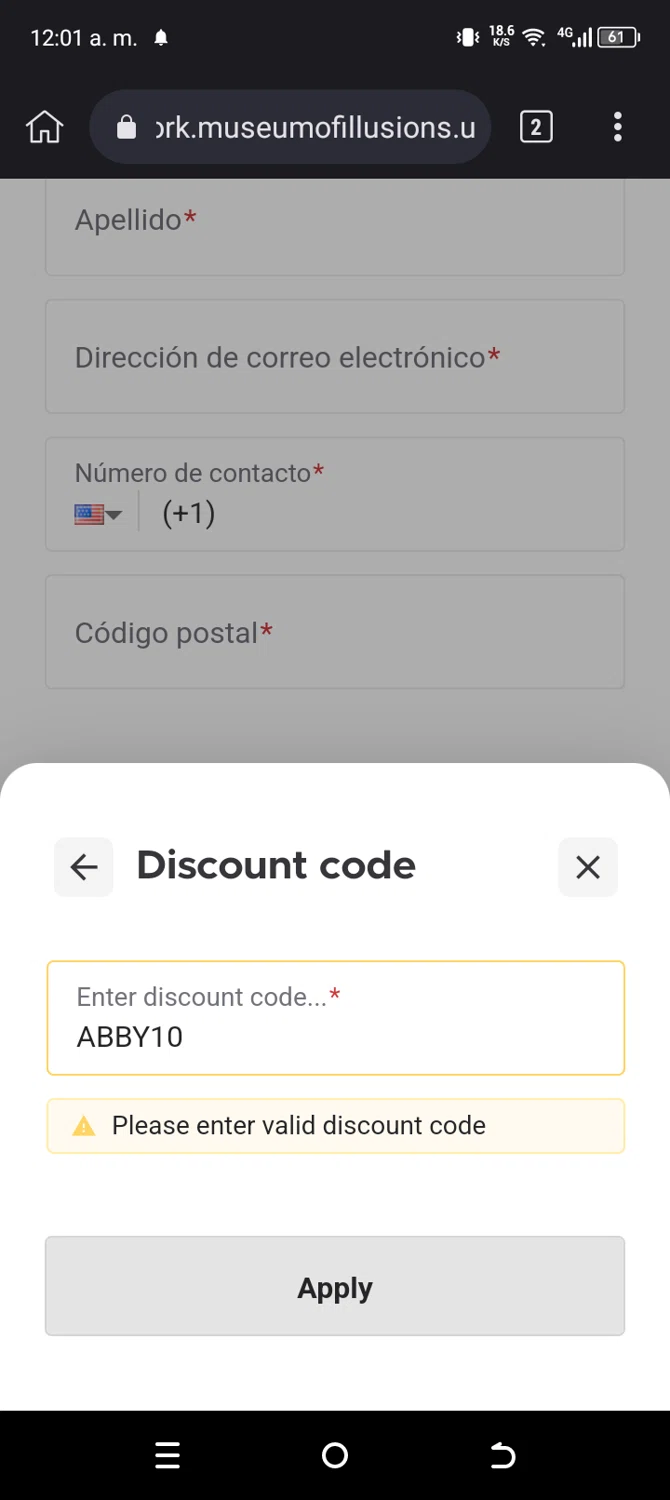 Museum of Illusions New York promo code screenshot showing code ABBY10 applied at Museum of Illusions New York checkout page. Uploaded by SimplyCodes community member MagnificentLynx1486 on Apr 16, 2025