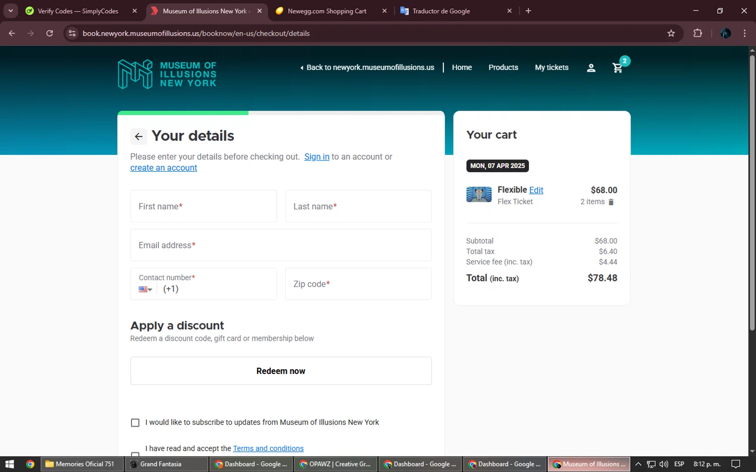 Museum of Illusions New York promo code screenshot showing code BEAU10 applied at Museum of Illusions New York checkout page. Uploaded by SimplyCodes community member Kurokenshi on Apr 6, 2025