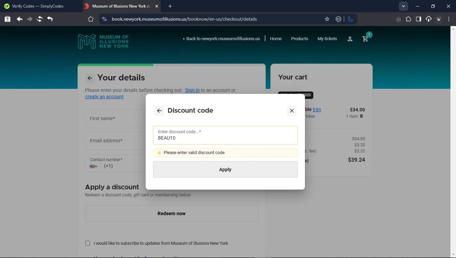 Museum of Illusions New York promo code screenshot showing code BEAU10 applied at Museum of Illusions New York checkout page. Uploaded by SimplyCodes community member ValiantHunter5929 on Apr 6, 2025