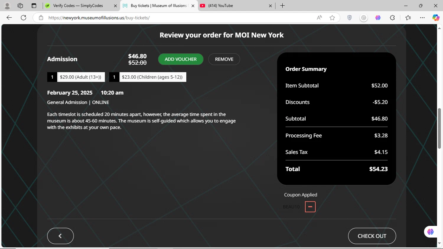Museum of Illusions New York checkout page showing Museum of Illusions New York promo code box | Screenshot taken by SimplyCodes community member on Feb 25, 2025
