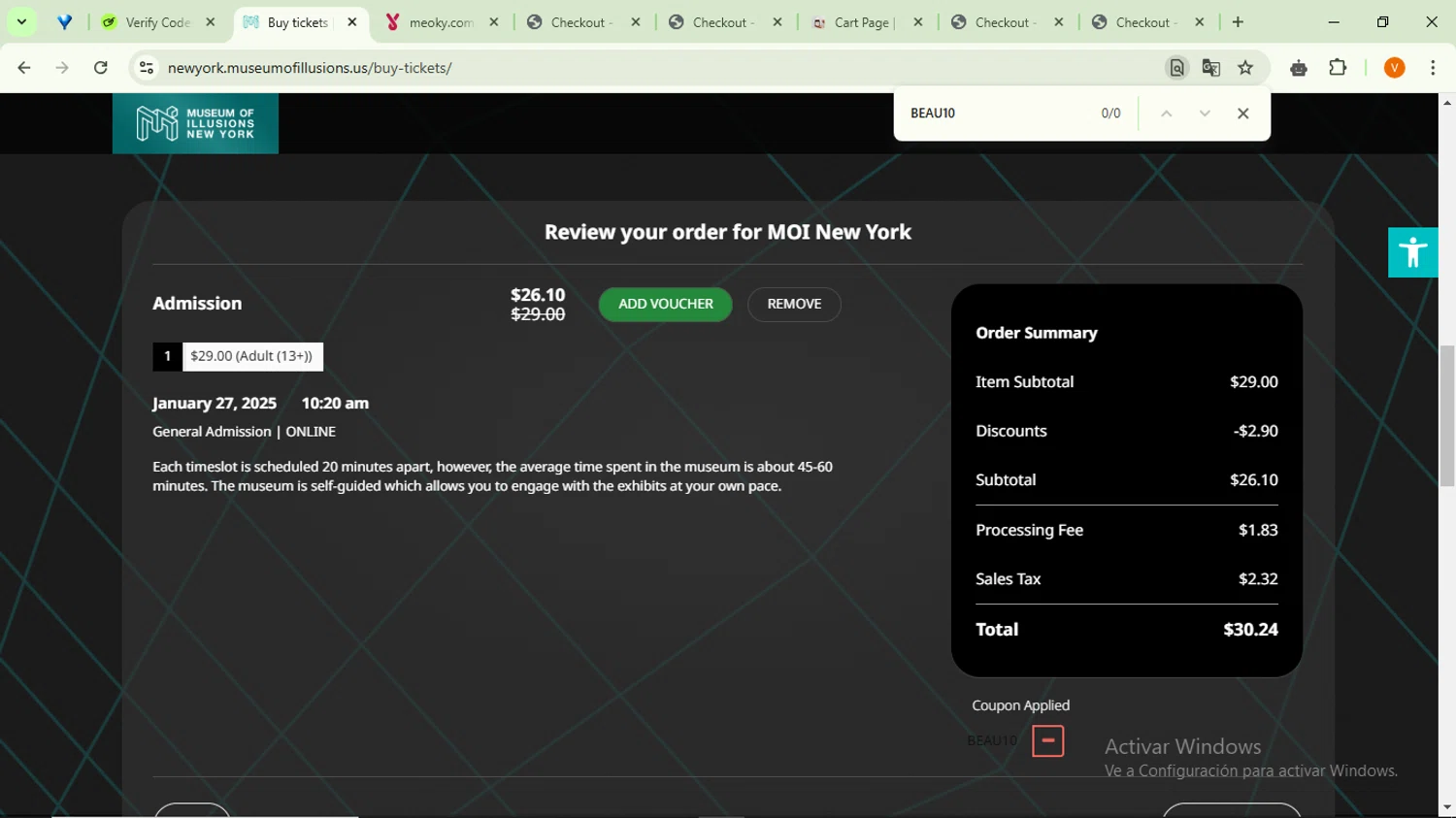 Museum of Illusions New York checkout page showing Museum of Illusions New York promo code box | Screenshot taken by SimplyCodes community member on Jan 27, 2025
