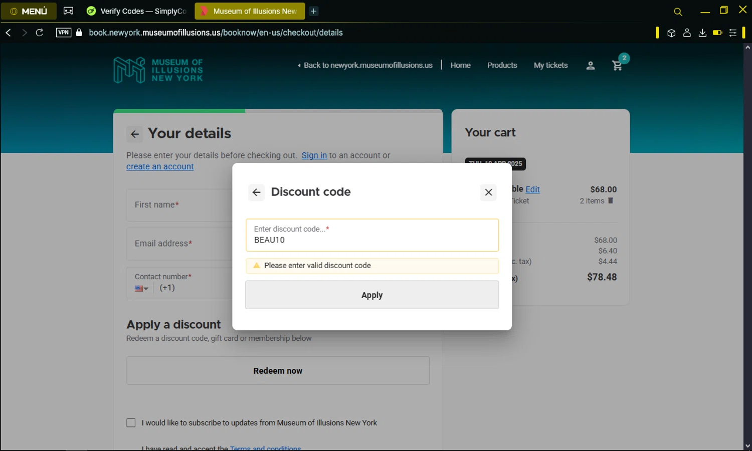 Museum of Illusions New York promo code screenshot showing code BEAU10 applied at Museum of Illusions New York checkout page. Uploaded by SimplyCodes community member omarelpollo on Apr 6, 2025