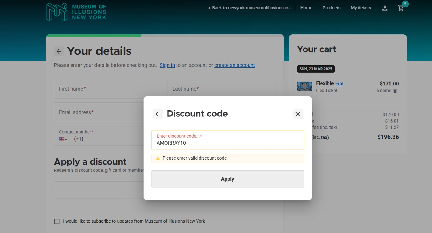 Museum of Illusions New York promo code screenshot showing code AMORRAY10 applied at Museum of Illusions New York checkout page. Uploaded by SimplyCodes community member Culebraparada on Mar 21, 2025