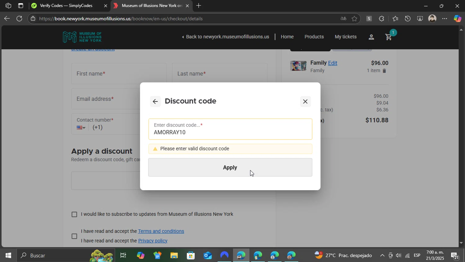 Museum of Illusions New York promo code screenshot showing code AMORRAY10 applied at Museum of Illusions New York checkout page. Uploaded by SimplyCodes community member WonderKnight7884 on Mar 21, 2025