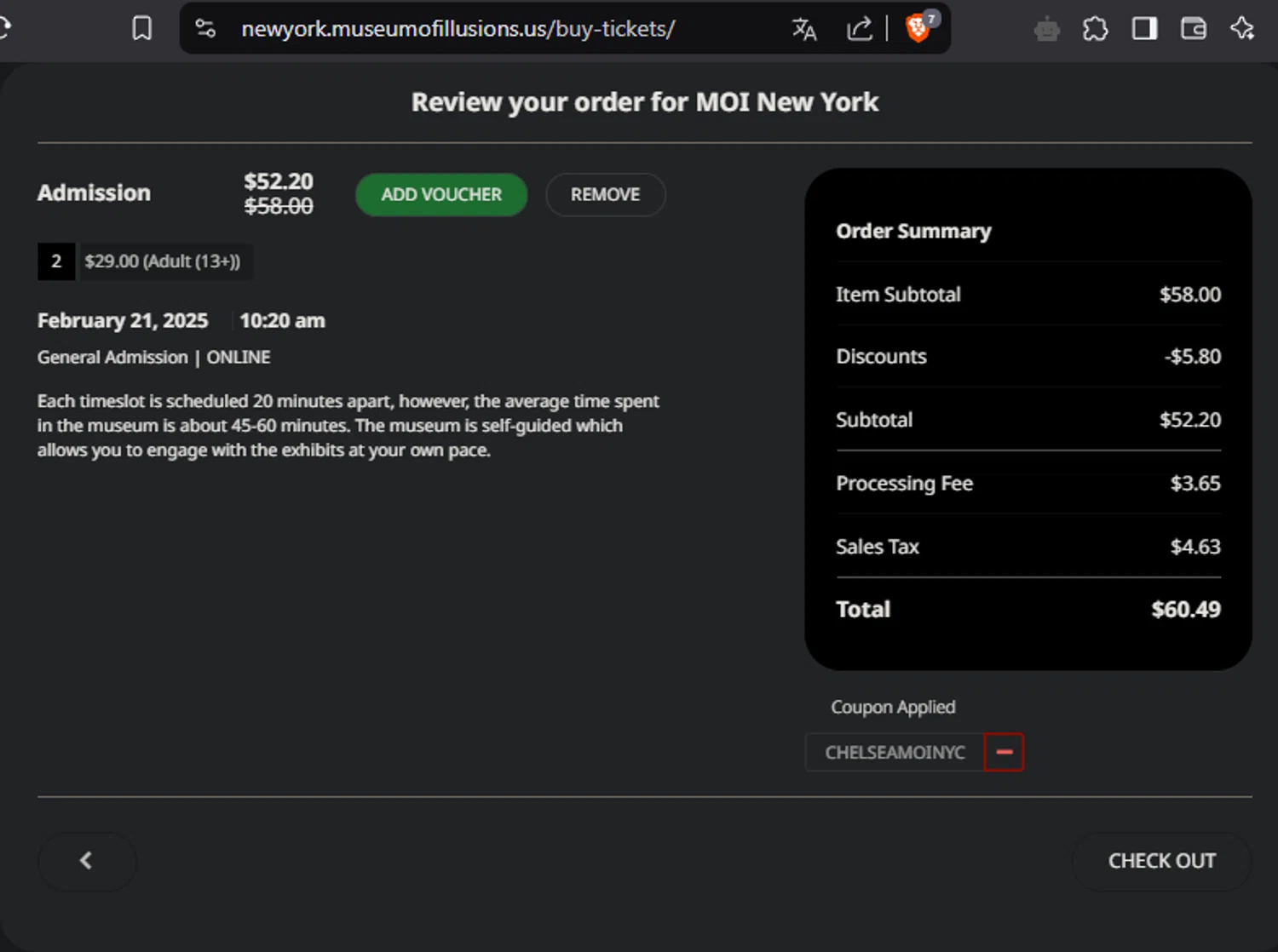 Museum of Illusions New York promo code screenshot showing code chelseamoinyc applied at Museum of Illusions New York checkout page. Uploaded by SimplyCodes community member SpiderGwen on Feb 21, 2025