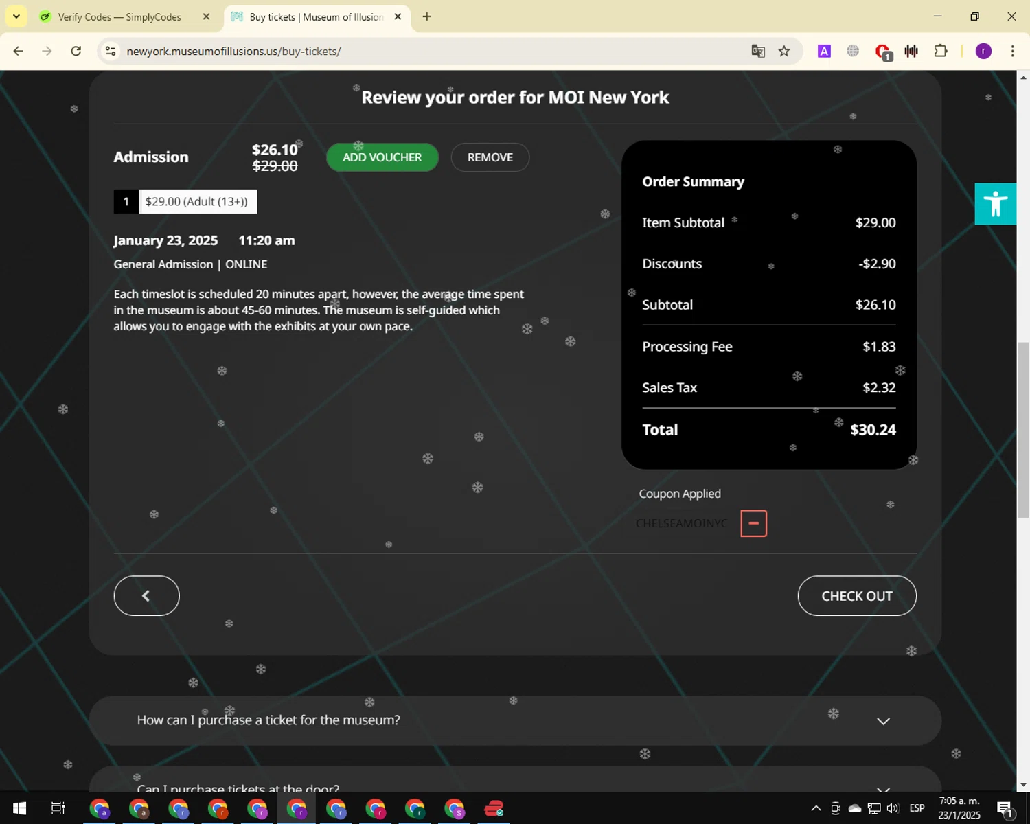 Museum of Illusions New York checkout page showing Museum of Illusions New York promo code box | Screenshot taken by SimplyCodes community member on Jan 23, 2025