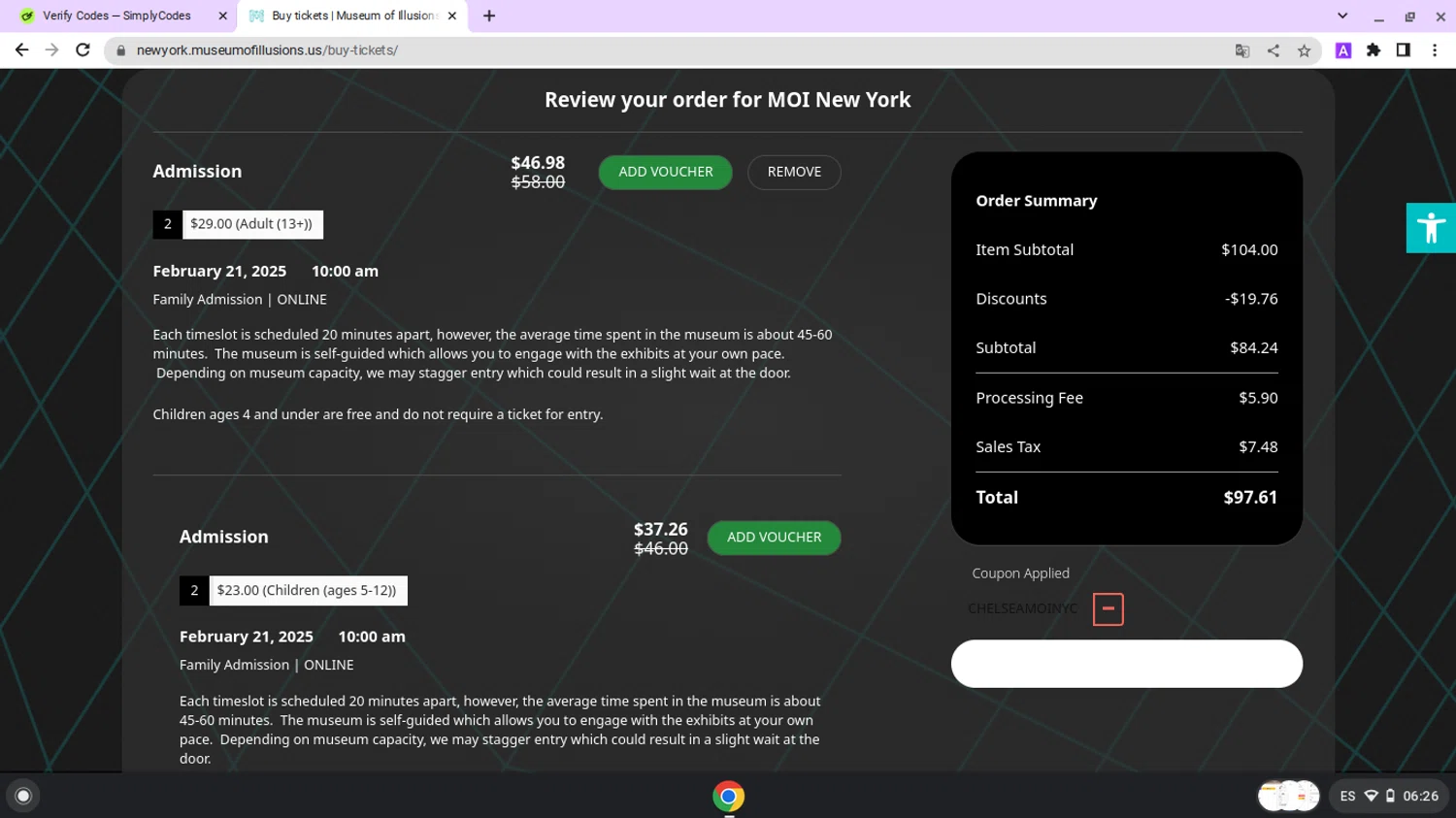 Museum of Illusions New York promo code screenshot showing code chelseamoinyc applied at Museum of Illusions New York checkout page. Uploaded by SimplyCodes community member lapampita on Feb 21, 2025