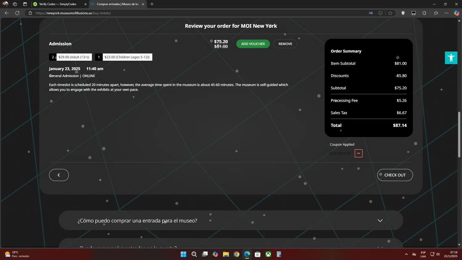 Museum of Illusions New York checkout page showing Museum of Illusions New York promo code box | Screenshot taken by SimplyCodes community member on Jan 22, 2025