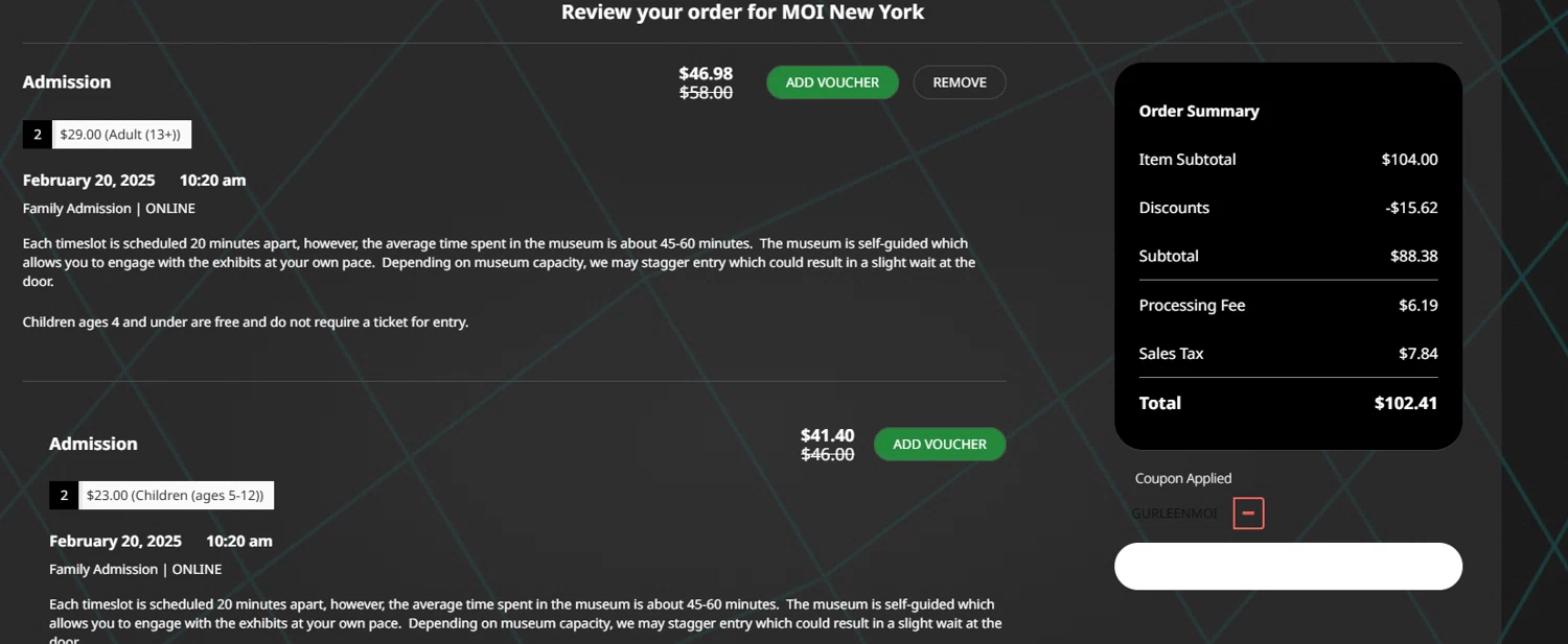 Museum of Illusions New York checkout page showing Museum of Illusions New York promo code box | Screenshot taken by SimplyCodes community member on Feb 20, 2025