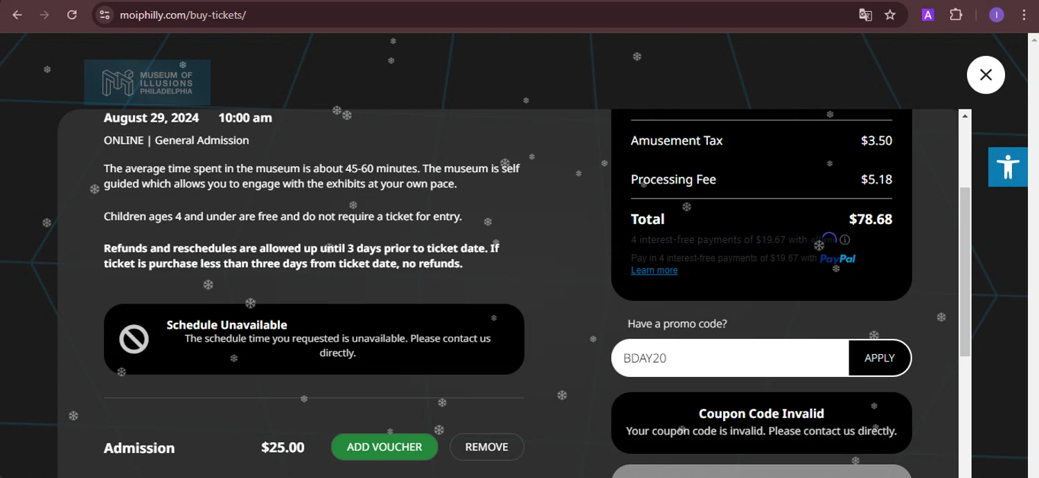 Museum of Illusions Philadelphia promo code screenshot showing code BDAY20 applied at Museum of Illusions Philadelphia checkout page. Uploaded by SimplyCodes community member joineds on Jan 14, 2025