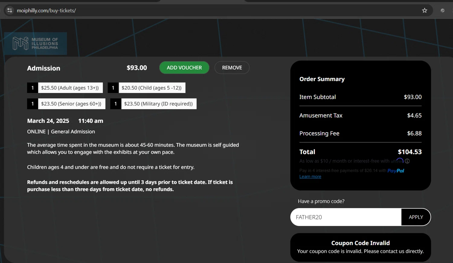 Museum of Illusions Philadelphia promo code screenshot showing code FATHER20 applied at Museum of Illusions Philadelphia checkout page. Uploaded by SimplyCodes community member Gray_75 on Mar 24, 2025