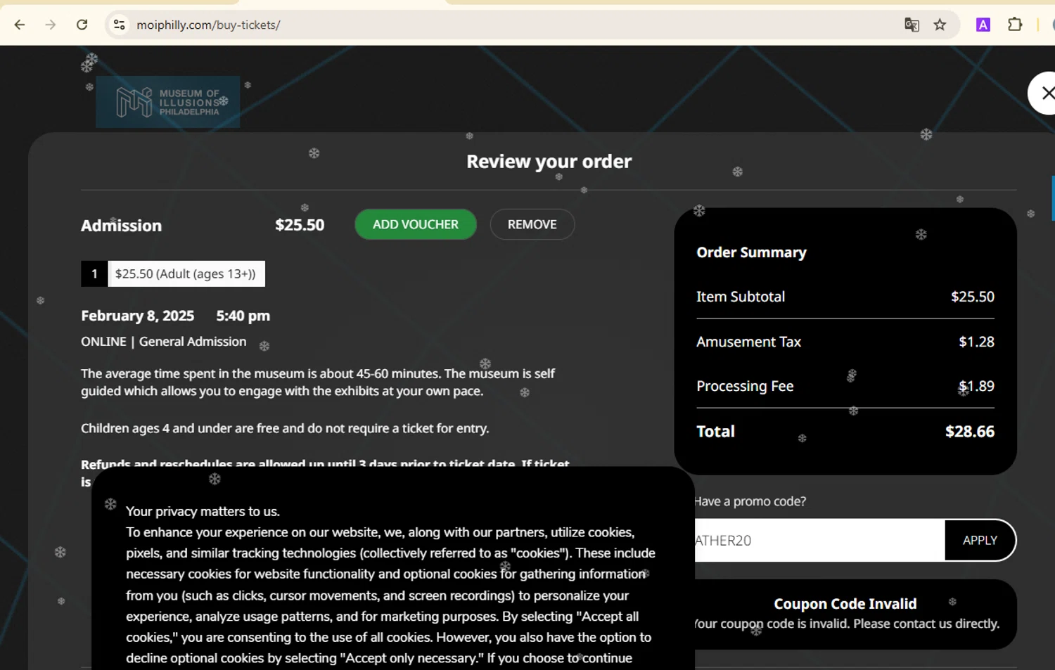 Museum of Illusions Philadelphia promo code screenshot showing code FATHER20 applied at Museum of Illusions Philadelphia checkout page. Uploaded by SimplyCodes community member PrimeSentinel5869 on Feb 8, 2025