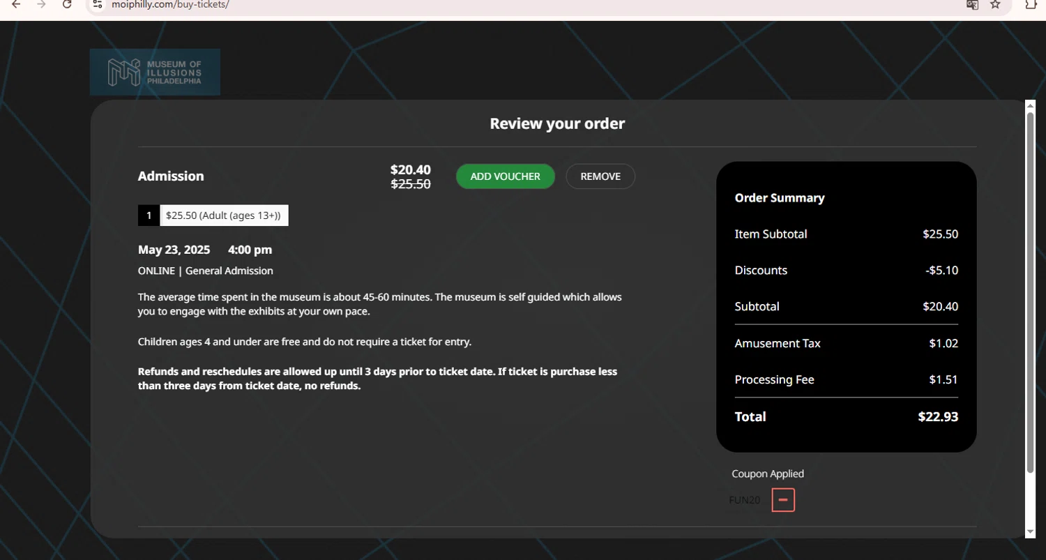Museum of Illusions Philadelphia promo code screenshot showing code FUN20 applied at Museum of Illusions Philadelphia checkout page. Uploaded by SimplyCodes community member SaleScout7223 on May 23, 2025
