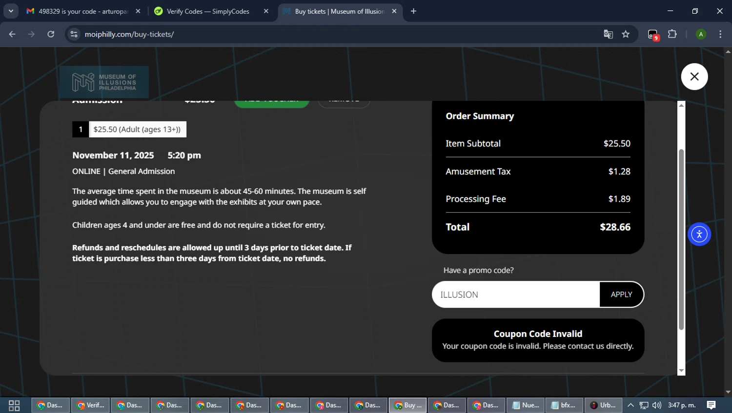 Museum of Illusions Philadelphia promo code screenshot showing code ILLUSION applied at Museum of Illusions Philadelphia checkout page. Uploaded by SimplyCodes community member CashLynx5338 on Nov 11, 2025