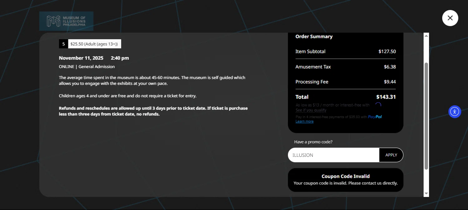 Museum of Illusions Philadelphia promo code screenshot showing code ILLUSION applied at Museum of Illusions Philadelphia checkout page. Uploaded by SimplyCodes community member JesusCaballero on Nov 11, 2025