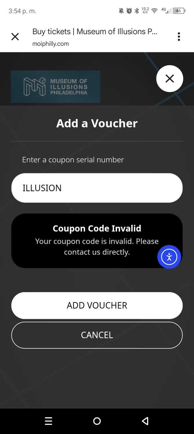 Museum of Illusions Philadelphia promo code screenshot showing code ILLUSION applied at Museum of Illusions Philadelphia checkout page. Uploaded by SimplyCodes community member leiraM on Nov 11, 2025